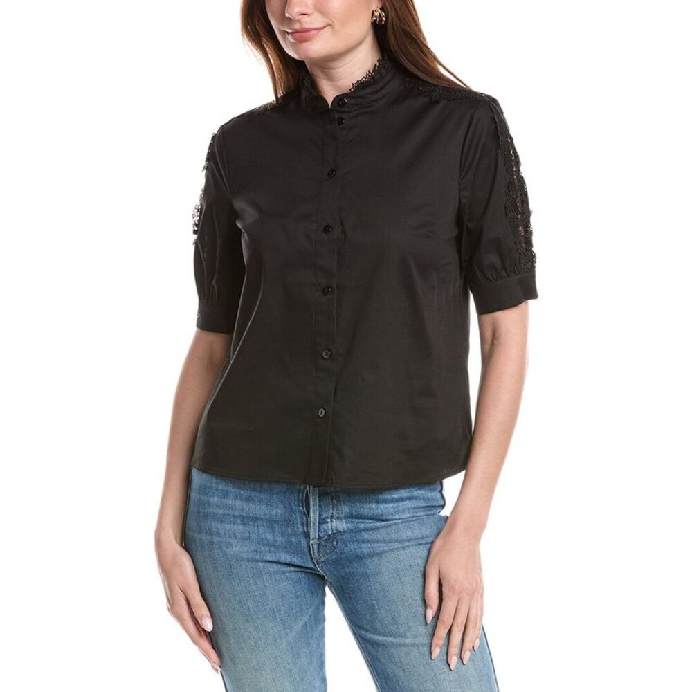 T Tahari Womens Mandarin Collar Button Down Blouse, Black